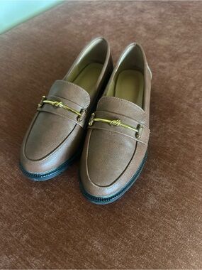 Women's Brown Loafers with Gold Bar Accent